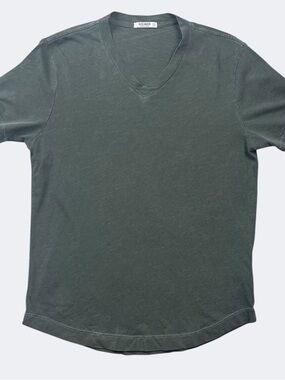 Buck Mason Dark Olive V-Neck Short Sleeve Tee Curved Hem Slub Knit Jersey Casual